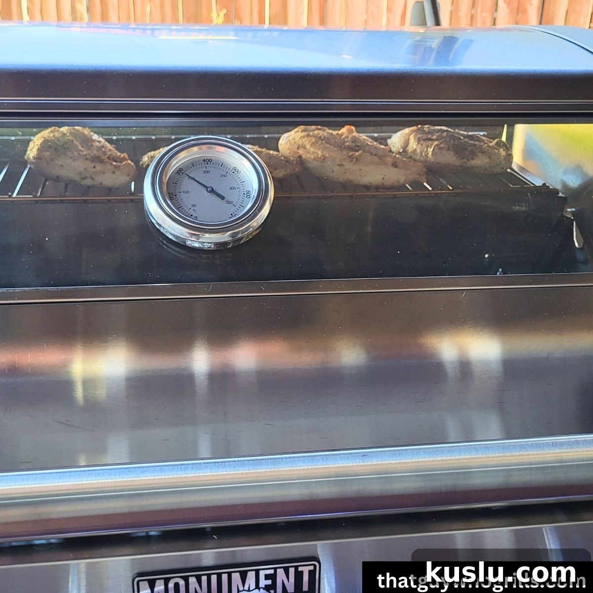 Monument Grills Review: Performance, Features, and Value Guide 5 Chicken cooking on Monument Grills Stainless 35633 thru glass on lid