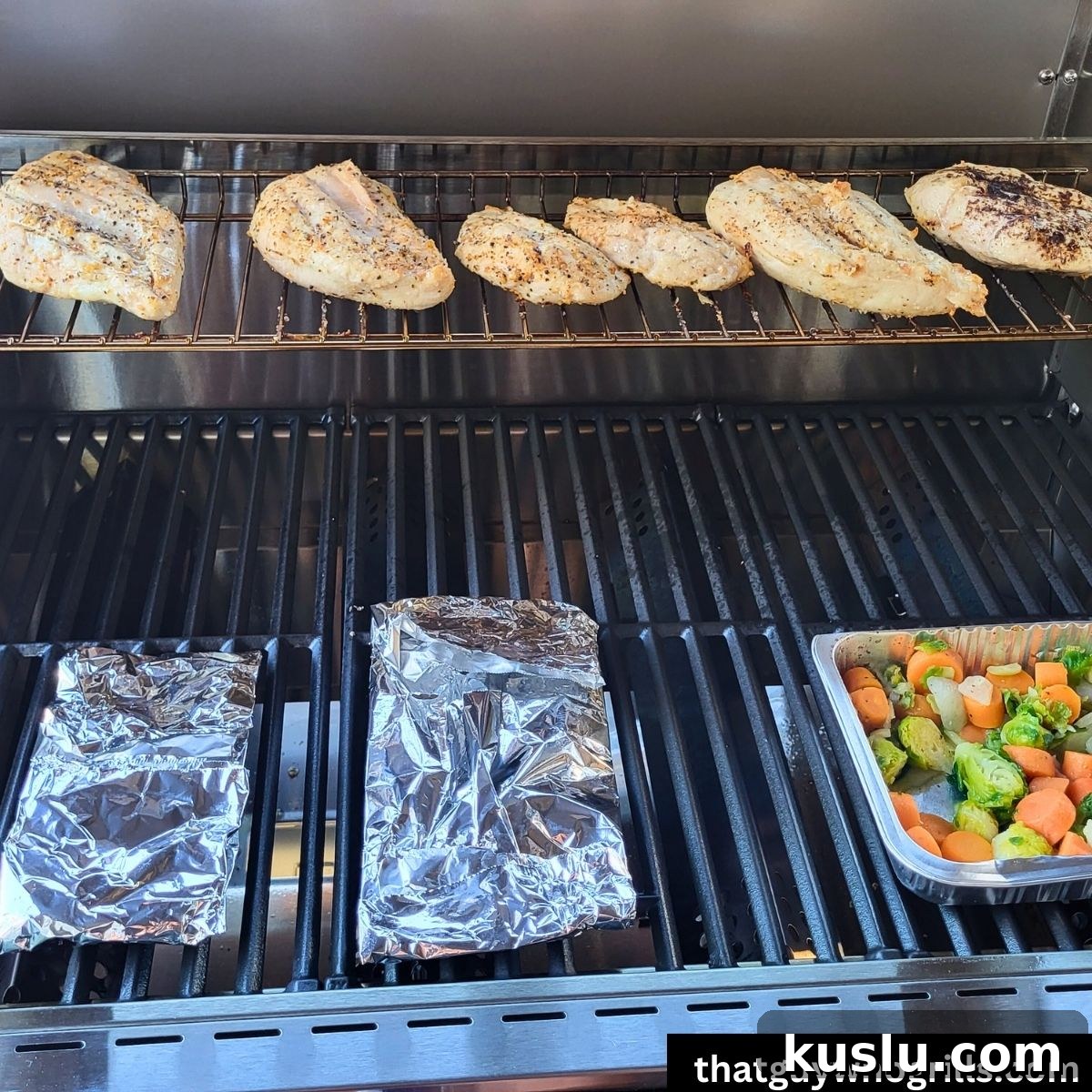 Monument Grills Review: Performance, Features, and Value Guide 6 Monument Grills Stainless 35633 with fish in foil, veggies in foil, and chicken on rack cooking