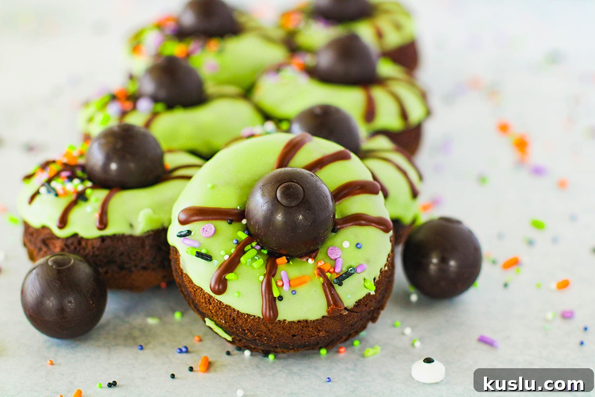 Spider Donuts Guide: How to Make Creepy Halloween Donuts 12 Chocolate Spider Donuts with green glaze and sprinkles on the counter top.