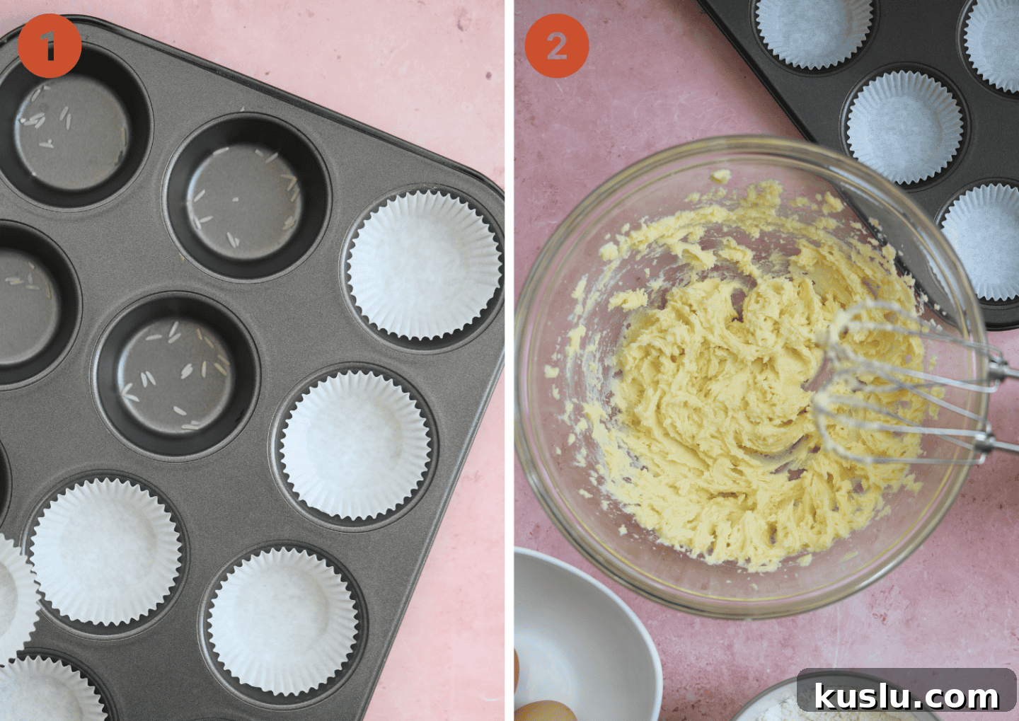Gluten-Free Fairy Cakes Recipe for Light, Fluffy Cupcakes 6 Fairy cakes in a cake tin and the start of the fairy cake batter in a bowl.