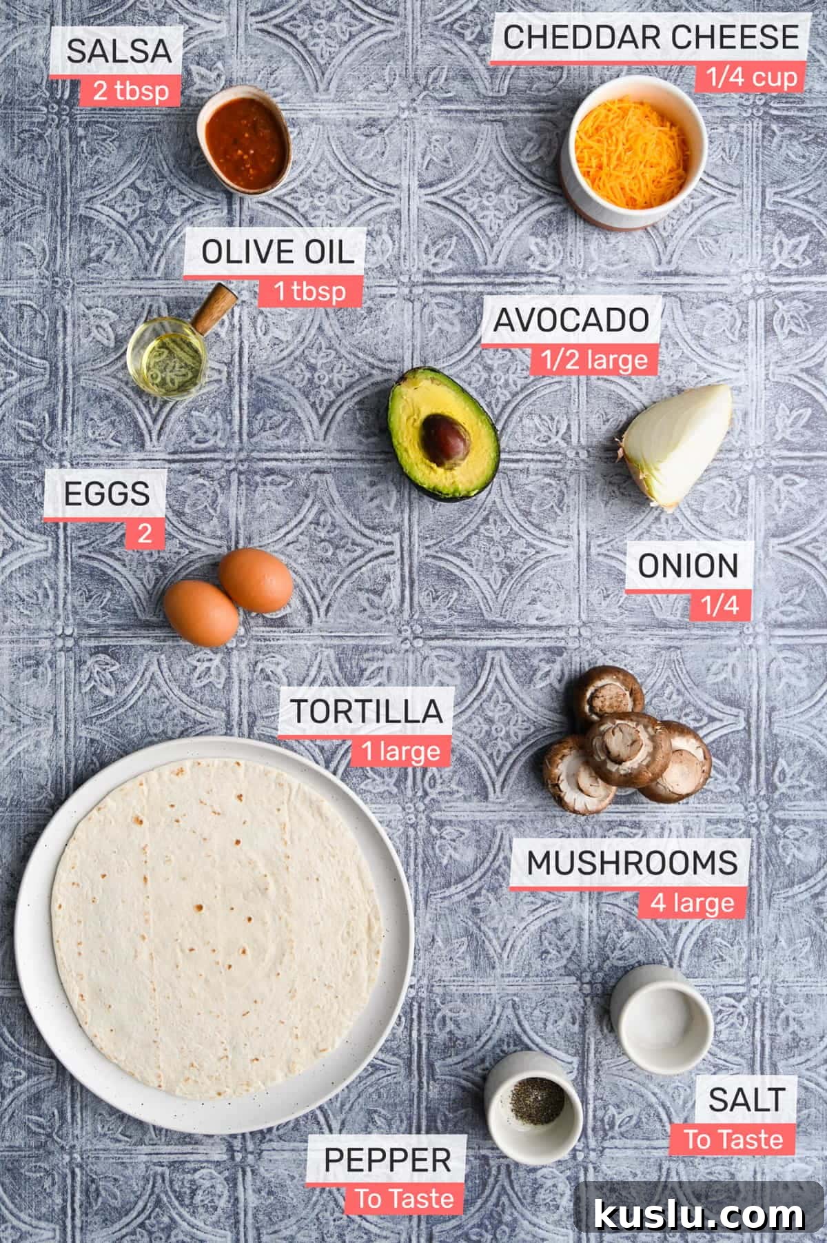 Vegetarian Breakfast Burrito with Fresh Salsa Recipe 3 salsa, shredded cheddar cheese, olive oil, avocado, onion, eggs, mushrooms, flour tortilla, salt, and pepper