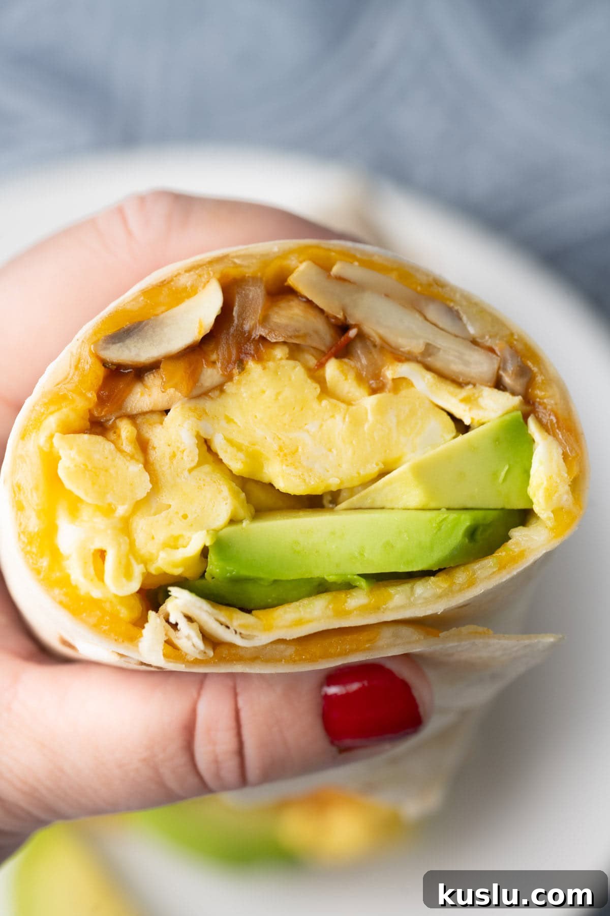 Vegetarian Breakfast Burrito with Fresh Salsa Recipe 10 Holding a vegetarian breakfast burrito up to the camera.