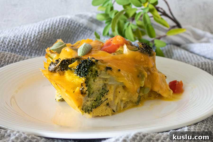 slice of broccoli cheddar pie on a plate