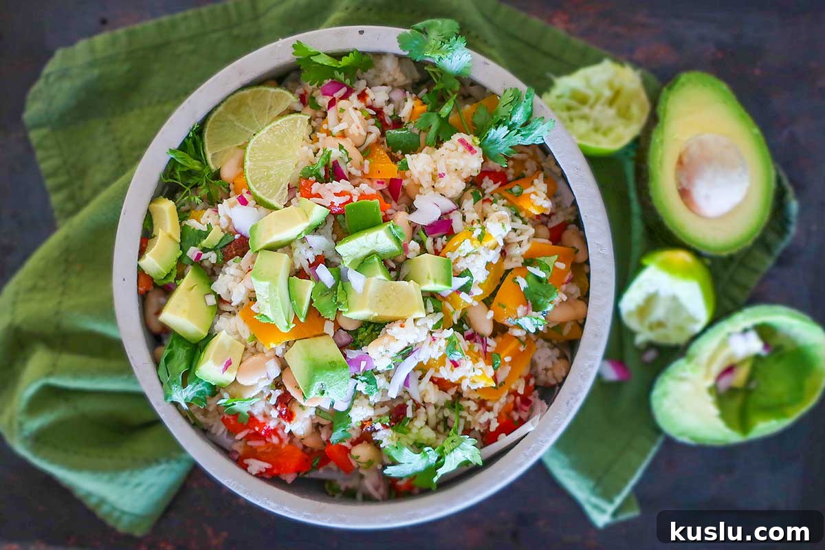 fall warm white bean rice salad in a bowl