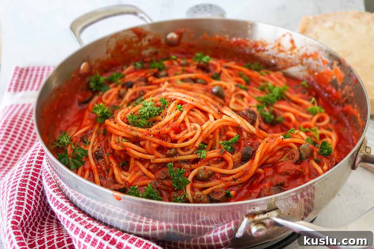 fall recipe for pasta puttanesca in a skillet