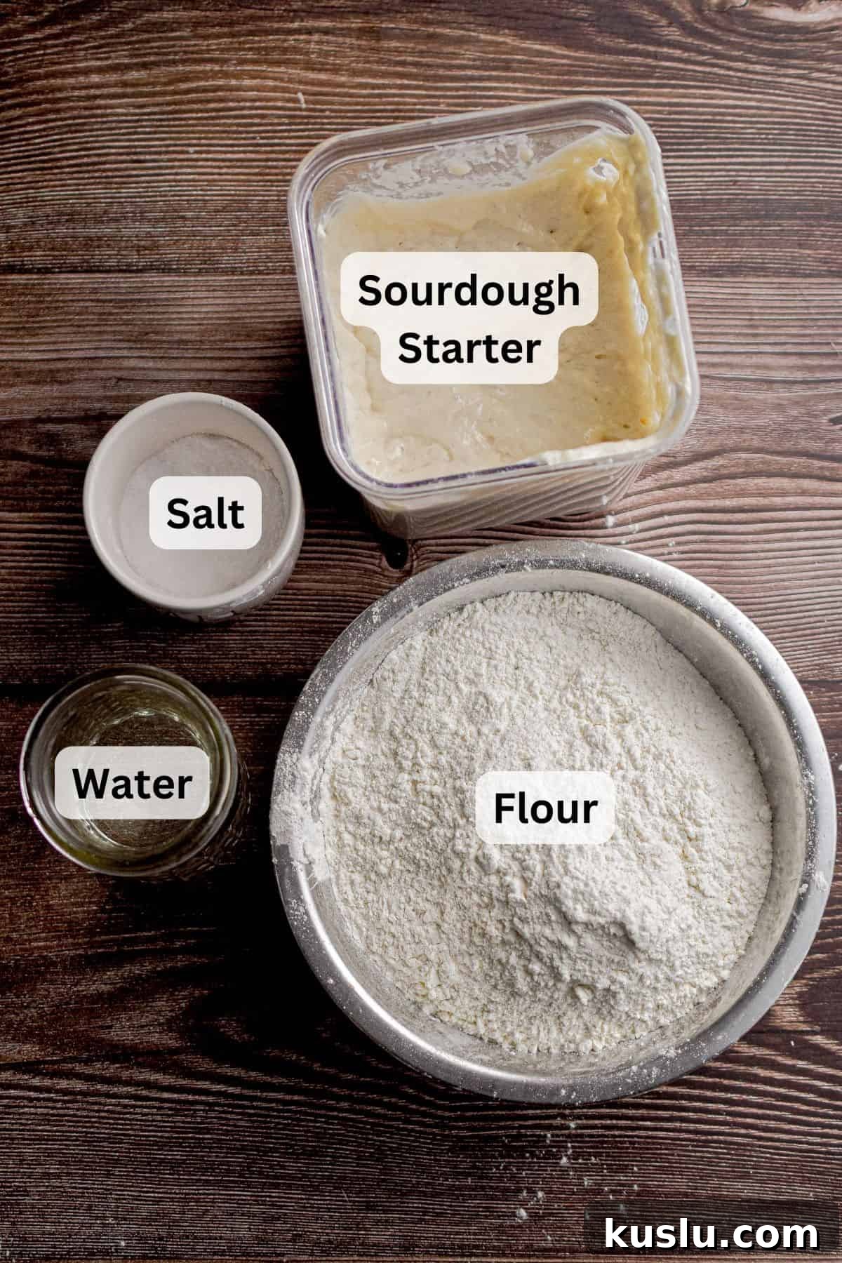 Sourdough Cast-Iron Pizza Without Yeast: Crispy Homemade Pie 3 The sourdough pizza ingredients are laid out and labeled.