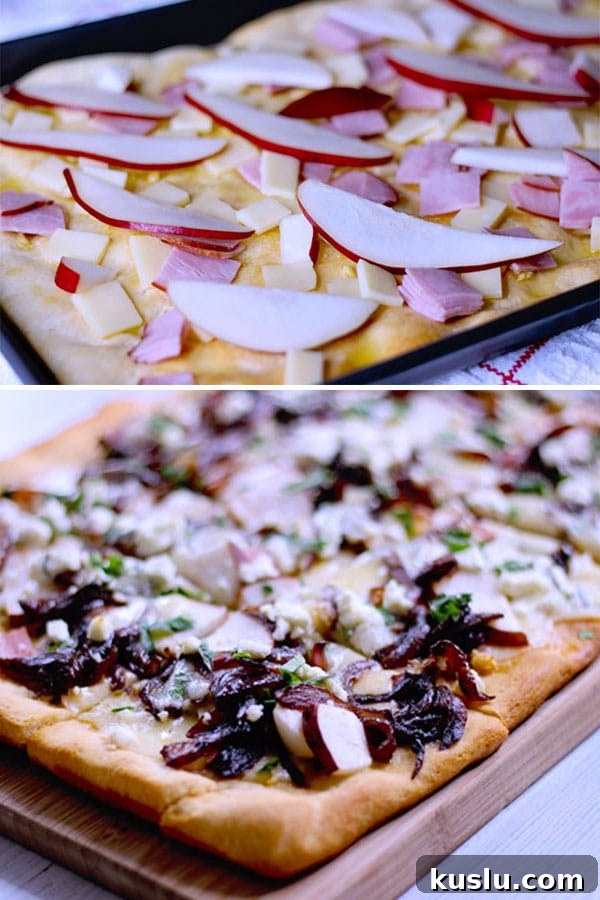 ingredients for a pear and goat cheese flatbread topped with caramelized onions, ham and cheddar