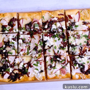 Pear and goat cheese flatbread with caramelized onions and ham