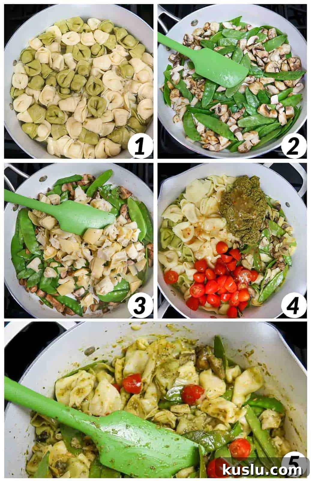 Pesto Tortellini with Artichokes and Snow Peas Recipe 4 Five panel collage of process shots- mixing together ingredients and cooking over the stove.