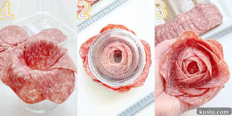 step by step photos showing how to make a salami rose