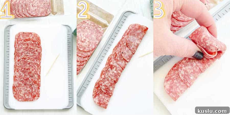 step by step photos showing how to make salami rosebuds