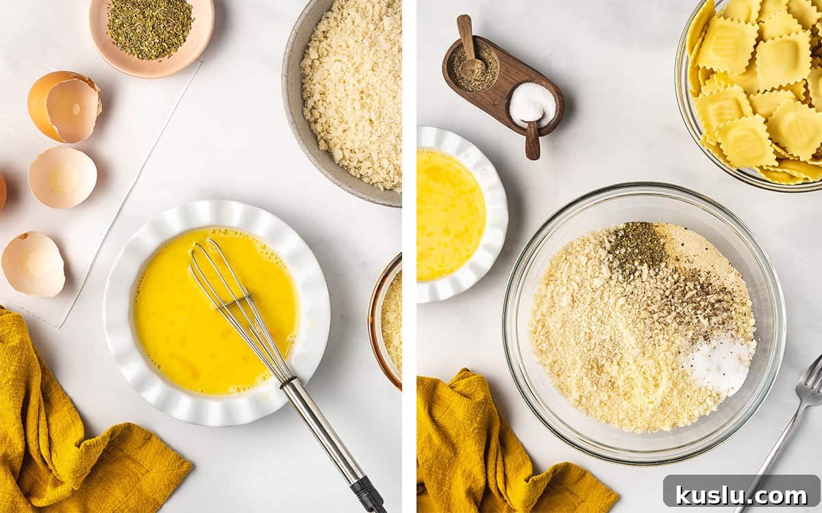 Set of two photos showing egg wash whisked and crust mixed.