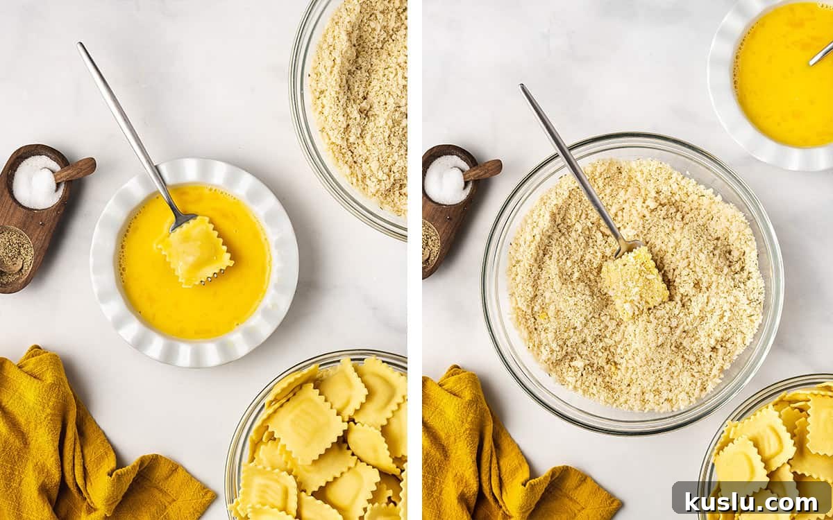 Set of two photos showing ravioli dipped in egg wash and breadcrumbs.