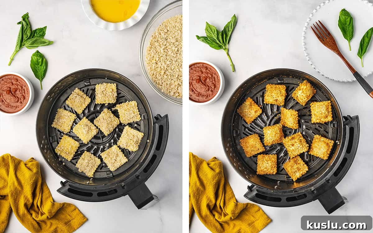 Set of two photos showing air fryer raviolis before and after air frying.