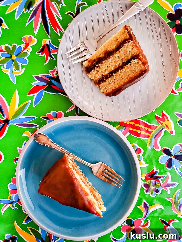 Decadent Butterscotch Cake with Silky Butterscotch Icing 2 Overhead shot of two plates with slices of cake on them on a green print background.