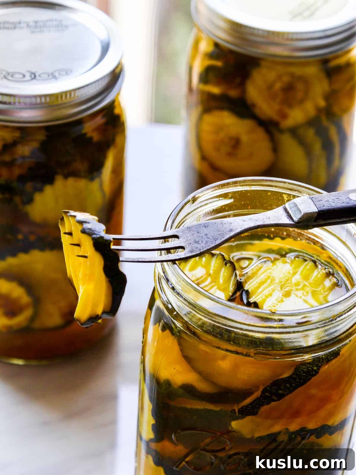Quick Refrigerator Zucchini Pickles — No Canning Needed 3 Zucchini pickle on jar