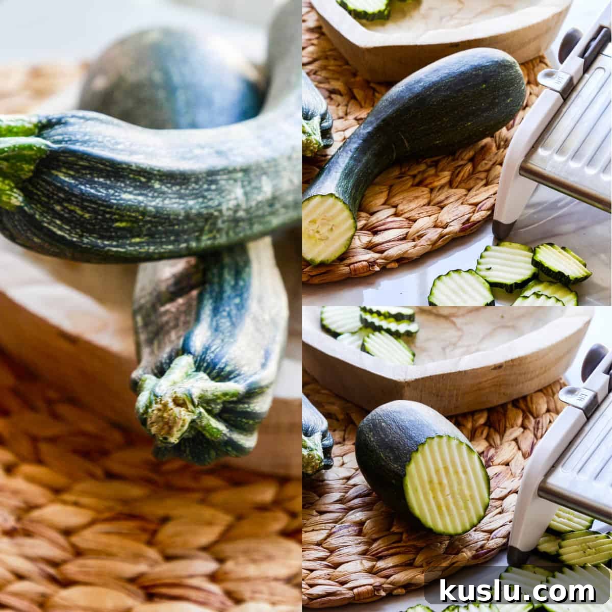 Quick Refrigerator Zucchini Pickles — No Canning Needed 8 Mandoline slicing zucchini in a crinkle pattern