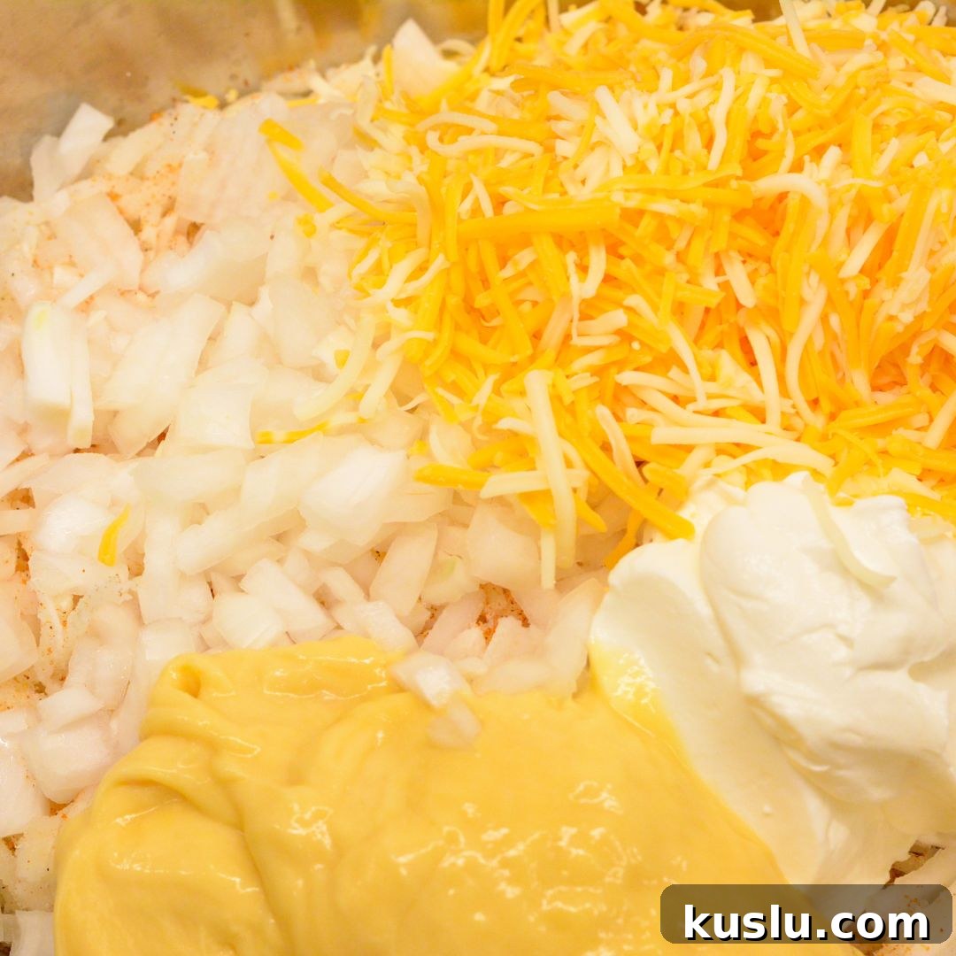 Mix Everything Together: In a large mixing bowl, combine the hash browns, cream of chicken soup, shredded cheddar cheese, sour cream, diced onion, melted butter, and black pepper. Stir until well combined.