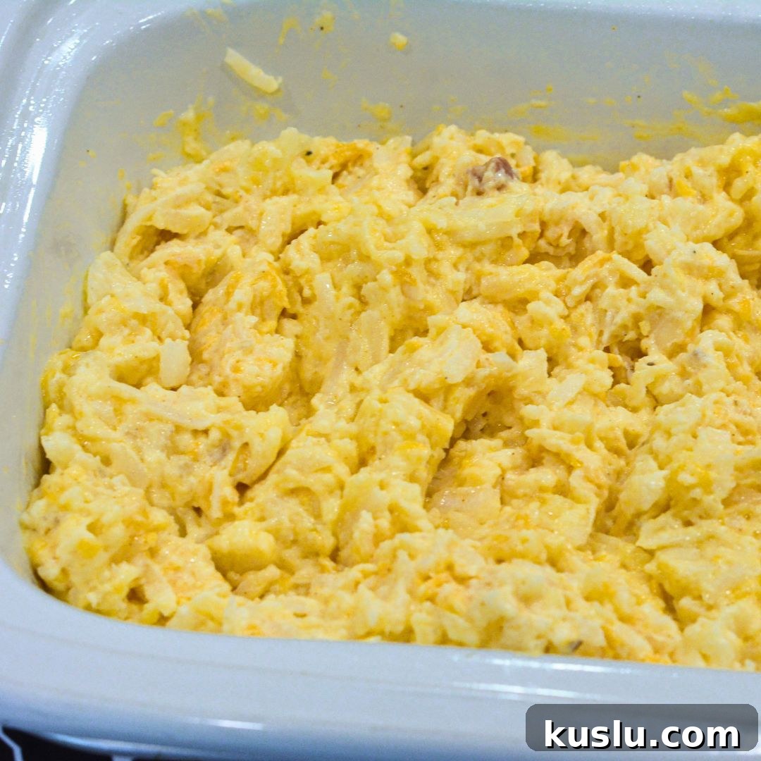 Slow Cook: Cover and cook on low for 4–6 hours or on high for 2–3 hours, until the casserole is bubbly and the cheese is melted.