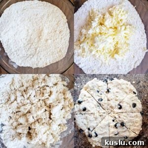 Prep image for blueberry white chocolate scones showing dough in a bowl.