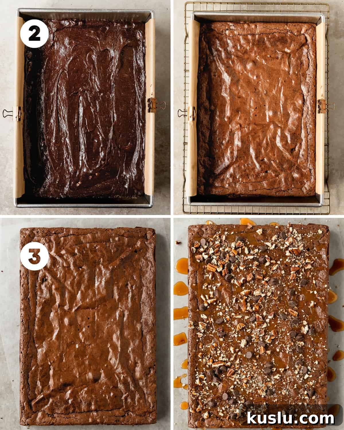 Evenly scoop the pecan brownie batter into the prepared pan. Use a flexible spatula to smooth the top of the brownies as needed. Bake for about 25 - 35 minutes or until a toothpick inserted into the center comes out with a few moist crumbs or almost clean.  
Cool the brownies in the pan for 1 hour. For the fudgiest brownies, transfer the cooled brownies to the fridge to chill for 1 - 2 hours. Lift the brownies from the pan using the parchment paper onto a cutting board or serving board. Top with salted caramel sauce, more chopped pecans and chocolate chips, slice and enjoy. 