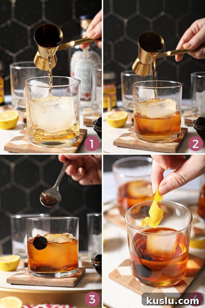 Busted Pipe Bourbon & Amaro Cocktail Recipe 4 Collage showing how to make an amaro cocktail with bourbon