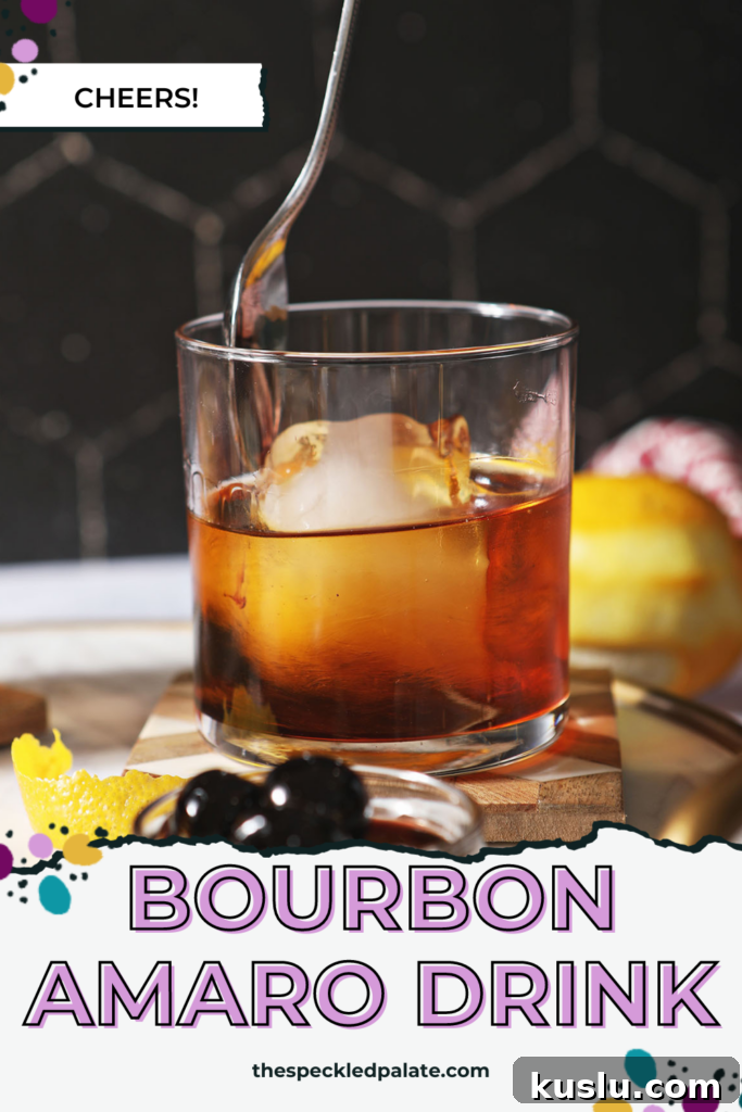 Busted Pipe Bourbon & Amaro Cocktail Recipe 6 A spoon stirs an amaro cocktail with bourbon with the text amaro bourbon cocktail