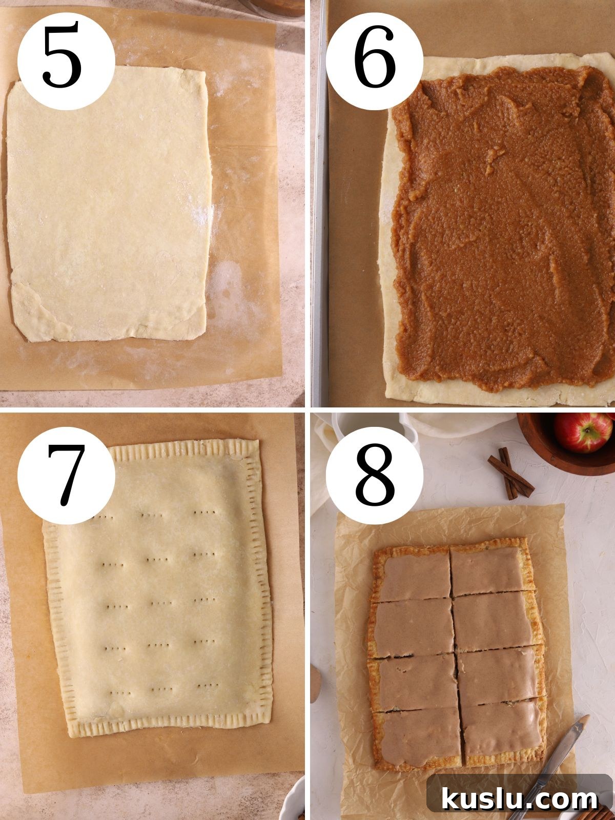 Homemade Apple Pop-Tarts Recipe for Flaky Pastry Filling 5 Four-photo collage describing assembling a giant apple pop tart.
