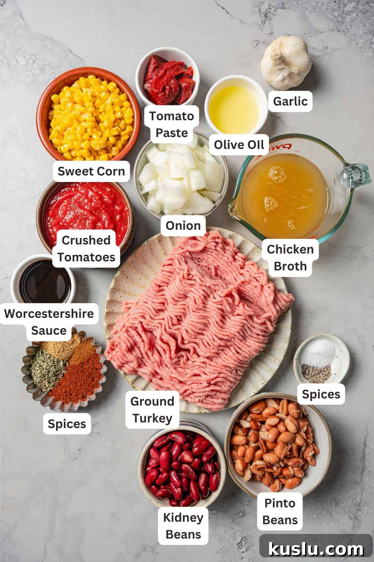 Turkey chili ingredients with text labels overlaying each ingredient.