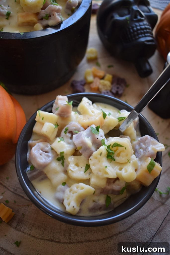 close up of the halloween macaroni and cheese
