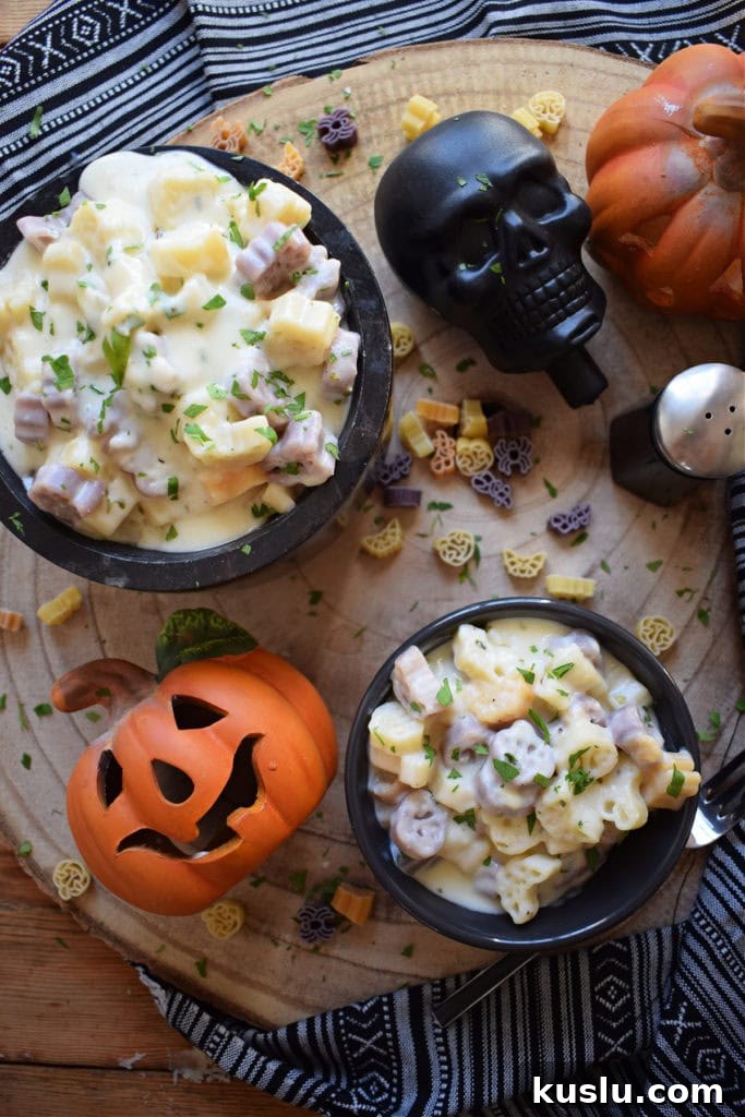 over head view of the halloween macaroni and cheese with decorations