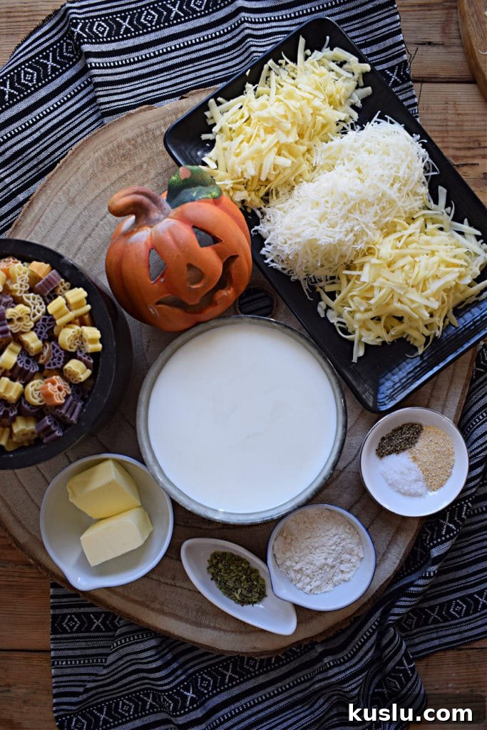ingredients to make the halloween macaroni and cheese
