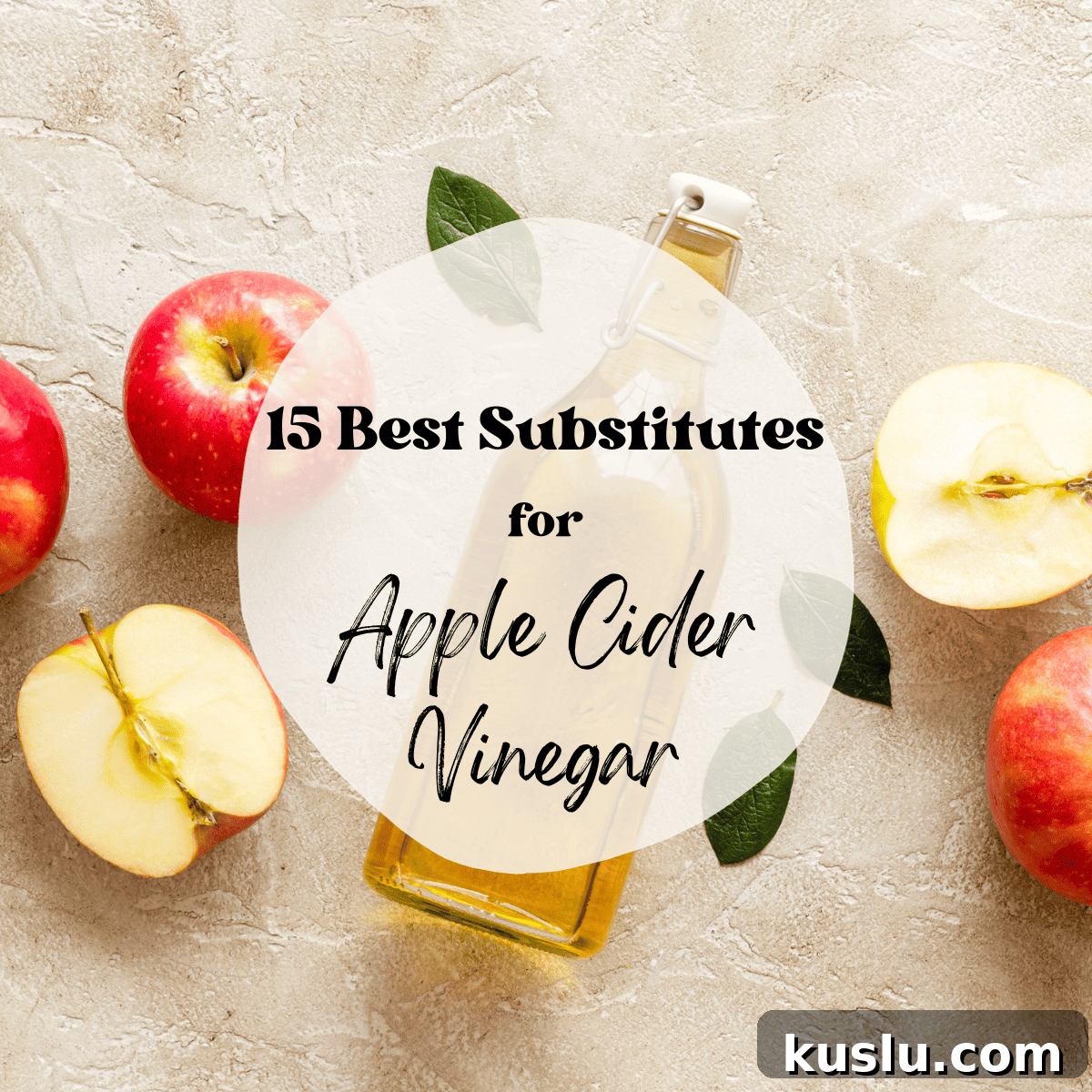 Overhead image of apple cider vinegar with apples and text overlay.