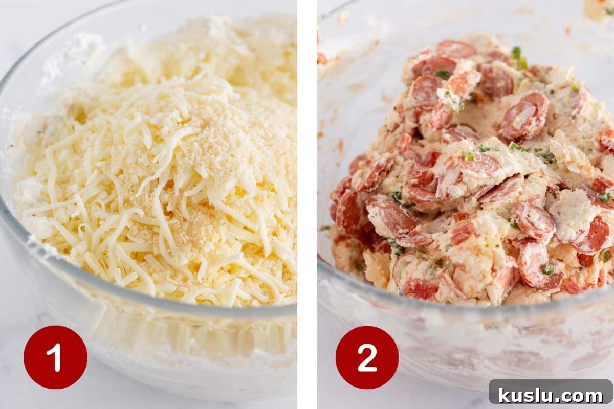 Pepperoni Pizza Football Cheese Ball Recipe: Game Day Appetizer 4 Making the cheese ball filling.