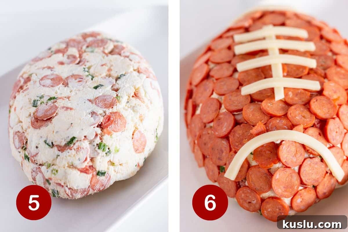 Pepperoni Pizza Football Cheese Ball Recipe: Game Day Appetizer 5 Turning the cheese ball out of the mold and covering in mini pepperoni.