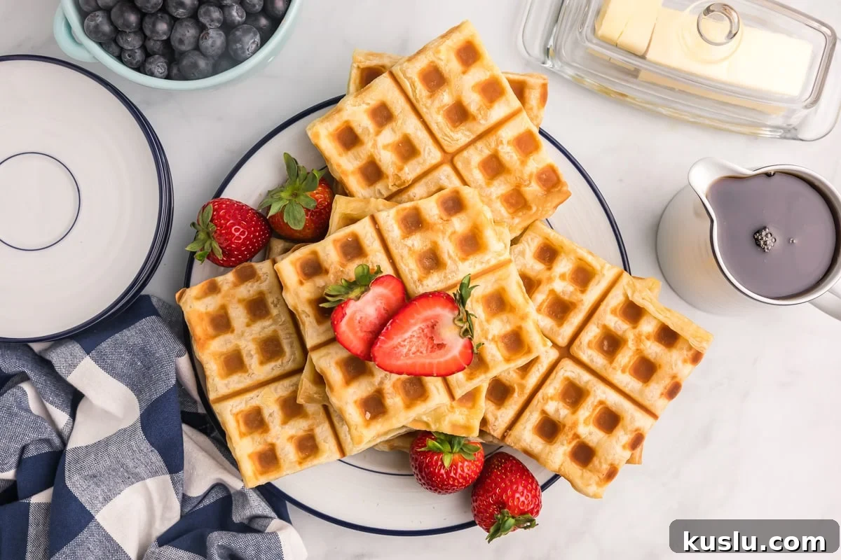 Flaky puff pastry waffles topped with fresh berries.