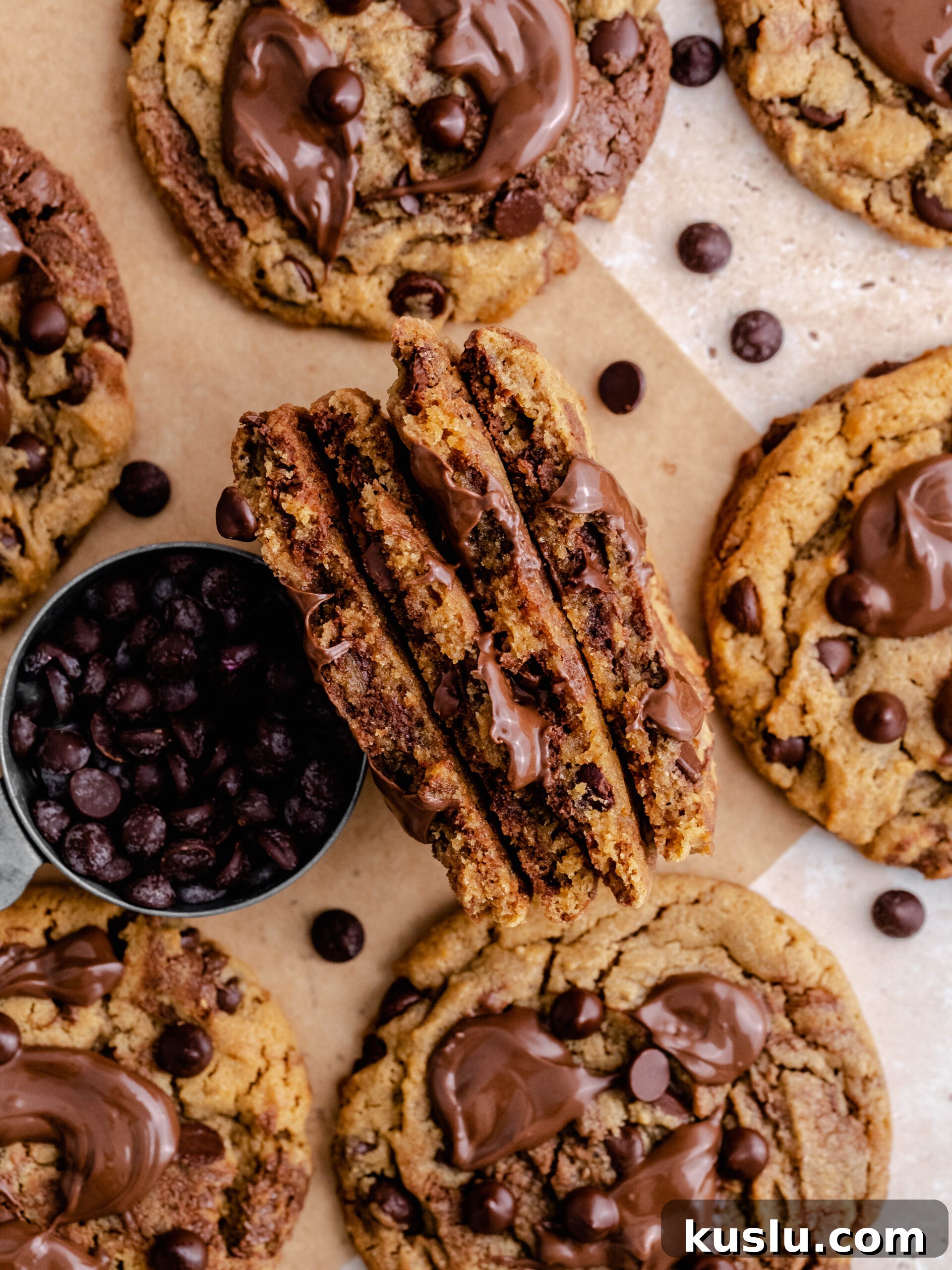 Nutella peanut butter cookies broken into half.