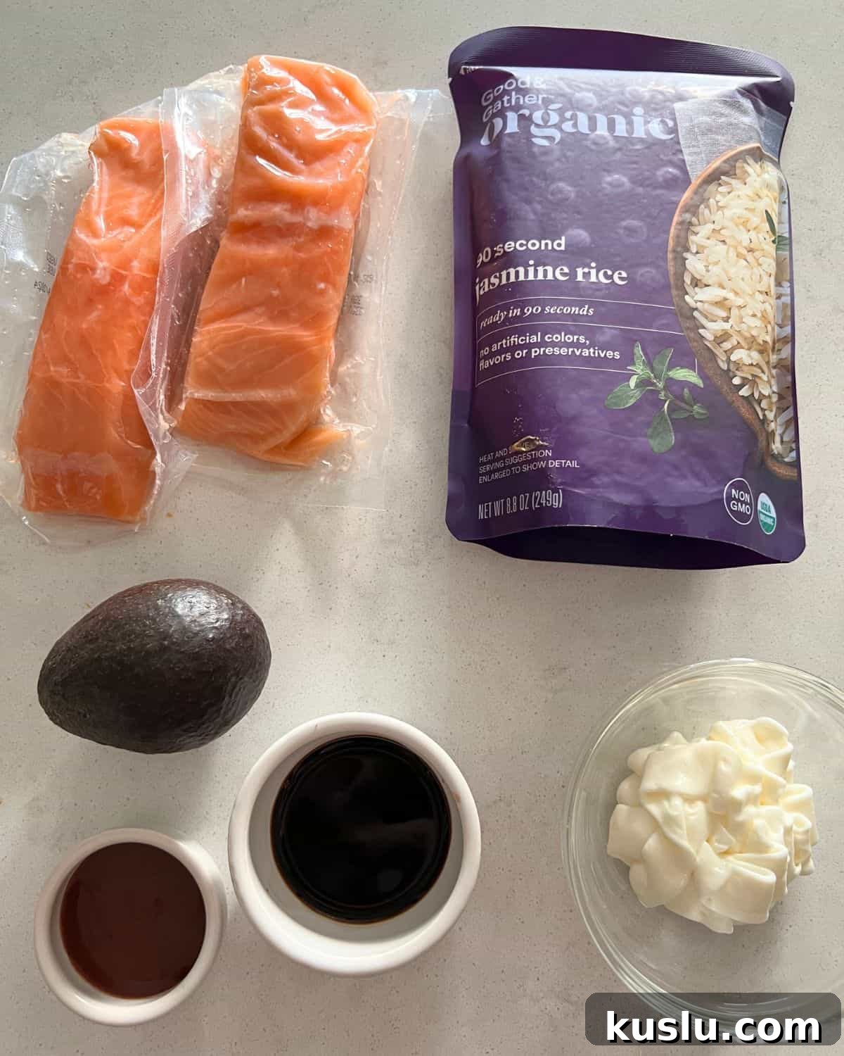 Ingredients needed for Salmon Rice Bowl. 