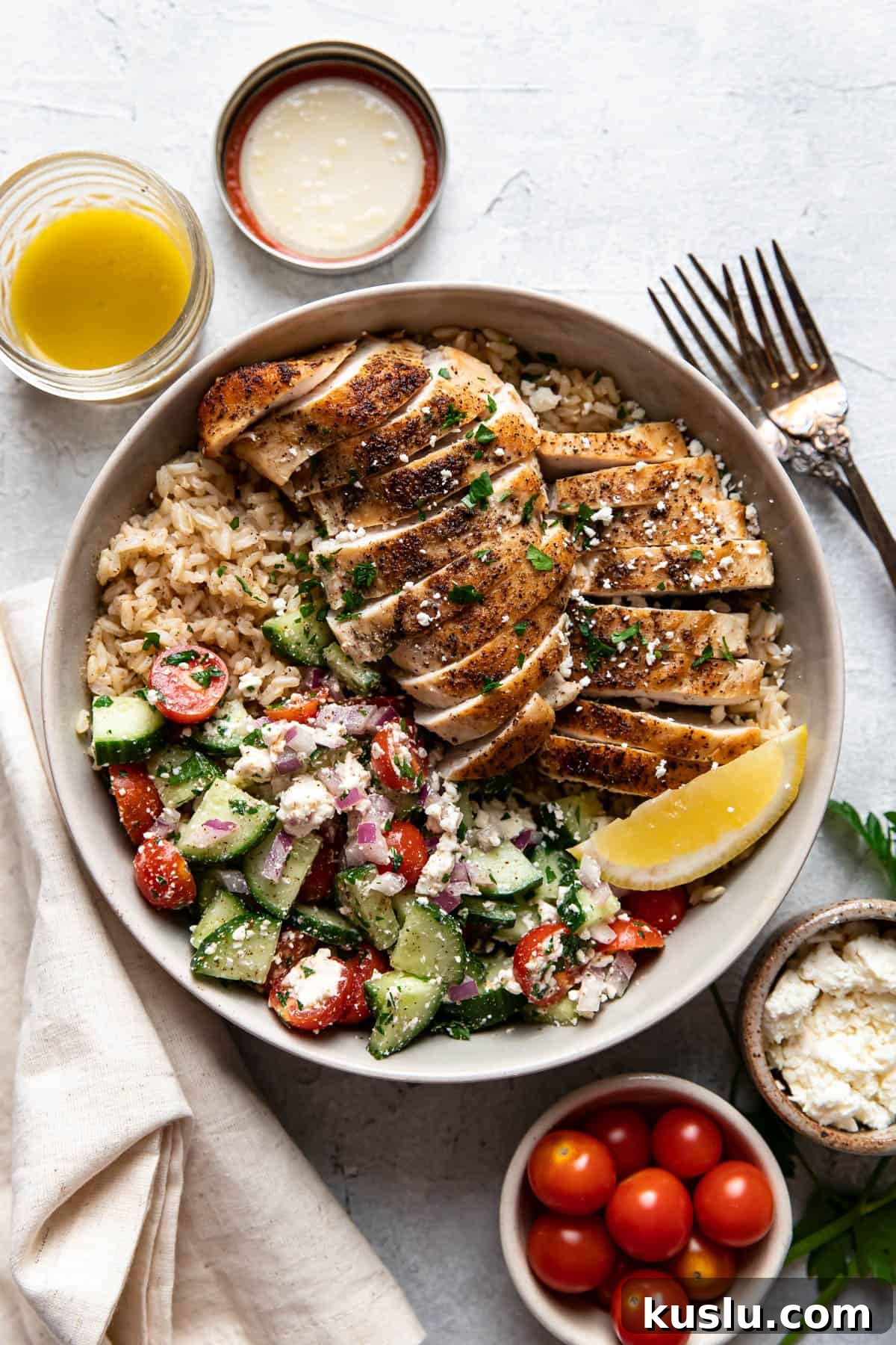 Mediterranean Chicken Bowl with Tzatziki & Feta 2 greek chicken bowls.