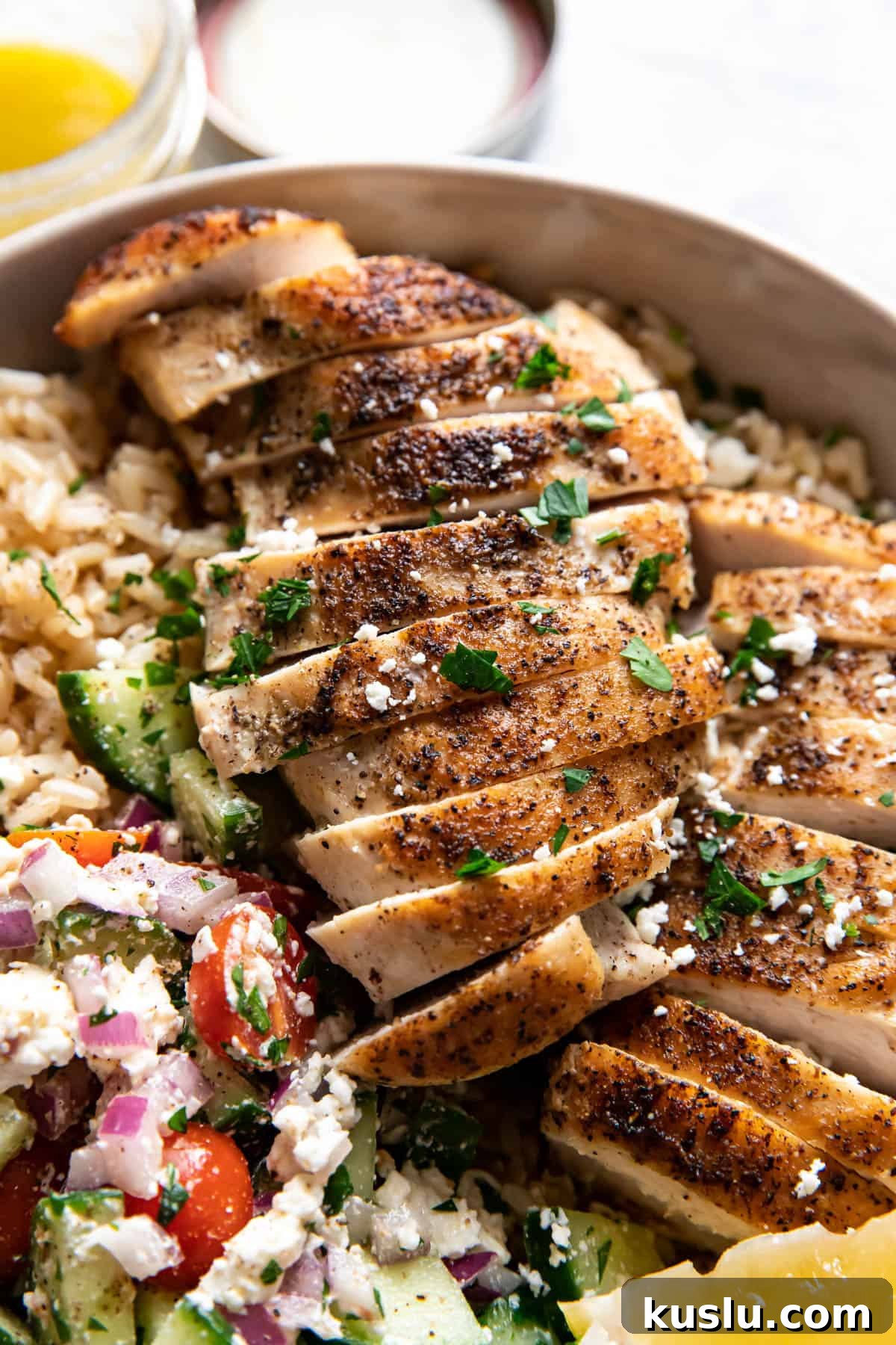 Mediterranean Chicken Bowl with Tzatziki & Feta 3 greek chicken bowls.