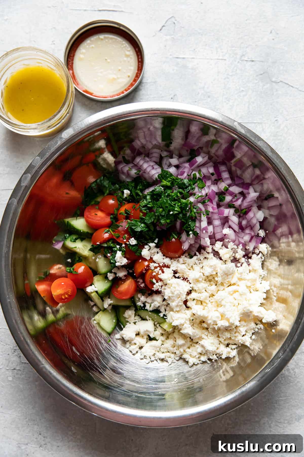 Mediterranean Chicken Bowl with Tzatziki & Feta 4 english cucumber greek salad.