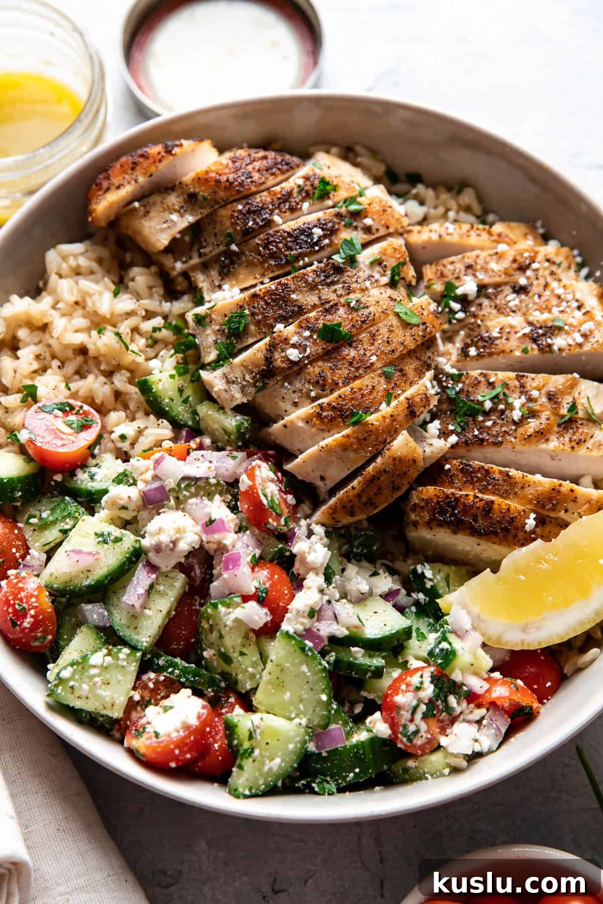 Mediterranean Chicken Bowl with Tzatziki & Feta 6 greek chicken bowls.