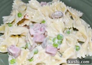 serving of alfredo ham and peas