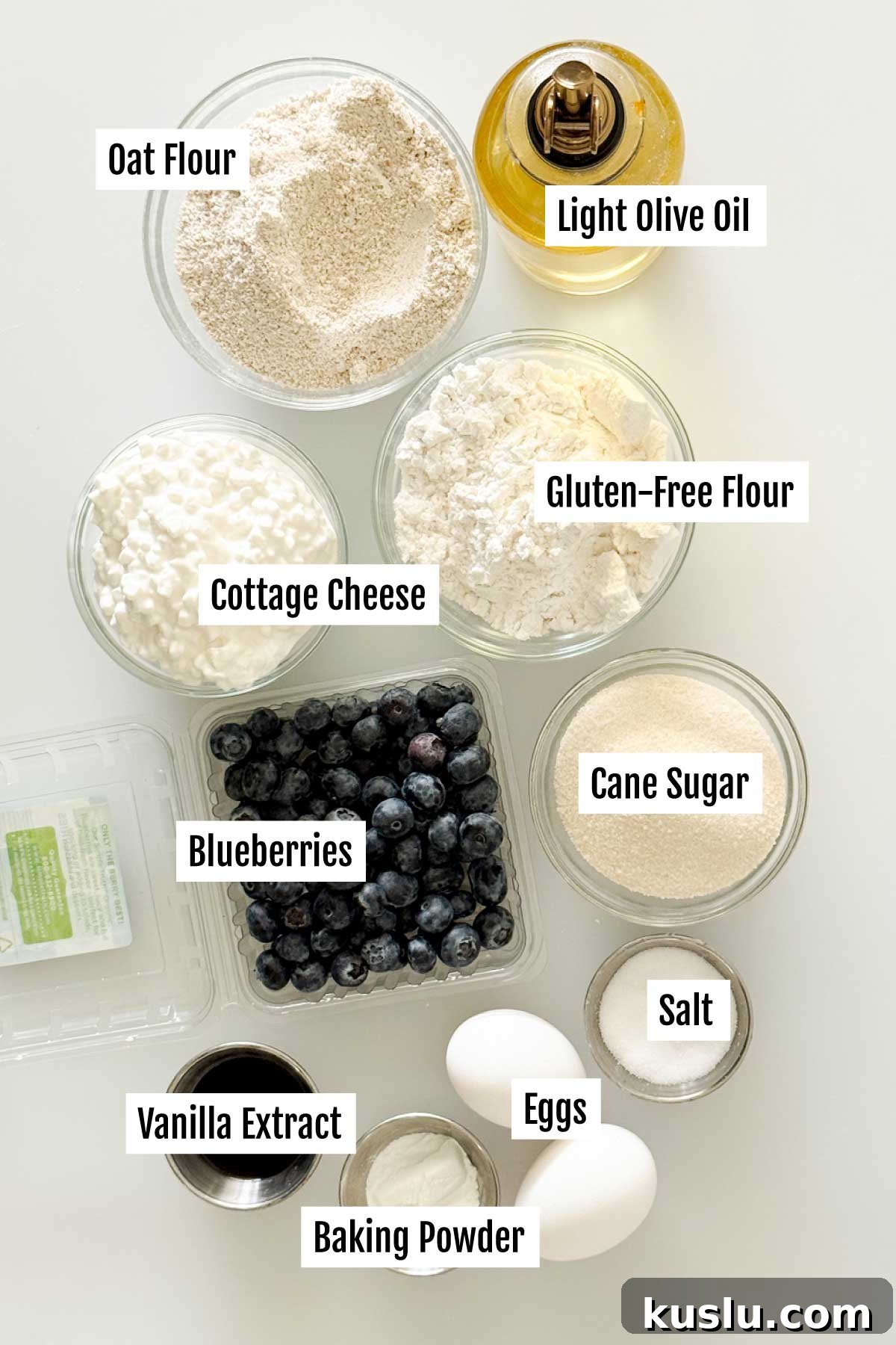 All the ingredients you need to make the best blueberry cottage cheese muffins recipe.