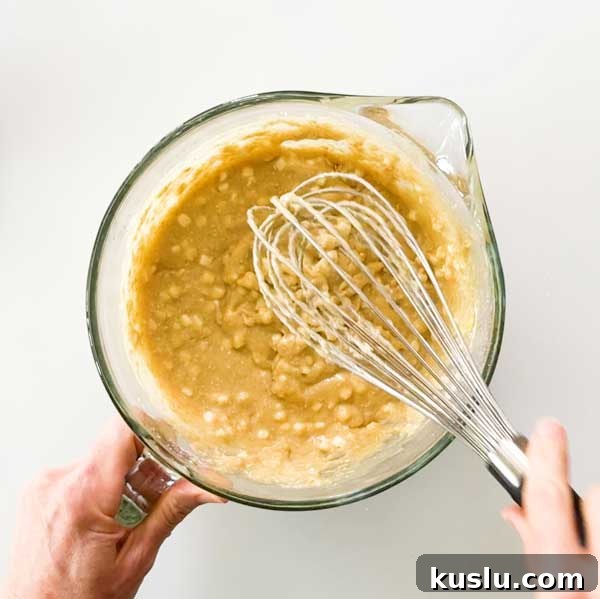 Whisking the dry ingredients into a muffin batter.