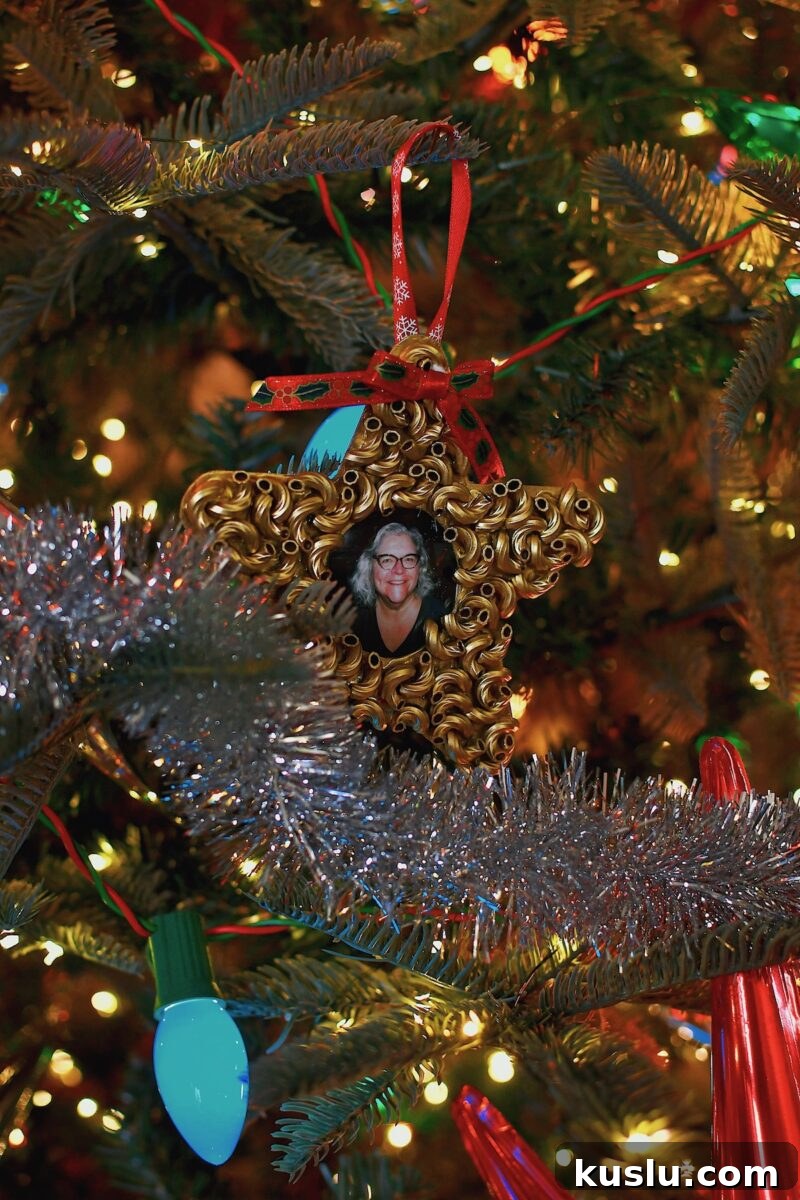 Macaroni Start Pasta Christmas Ornament, photo of my mom on a beautifully decorated tree.