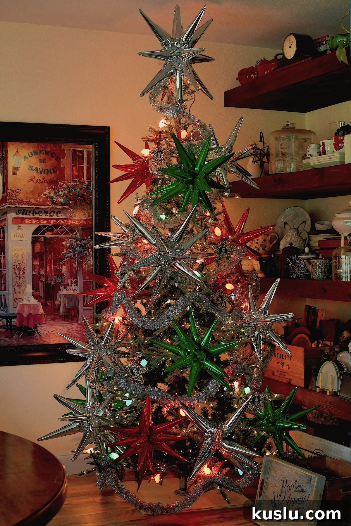Finished tree, adorned with all of our Easy Pasta Christmas Ornaments.