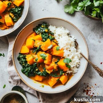 Butternut squash and chickpea curry with kale and rice.