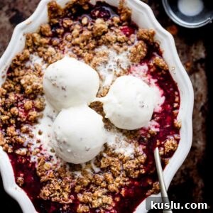 Homemade fruit crumble in a baking pan.