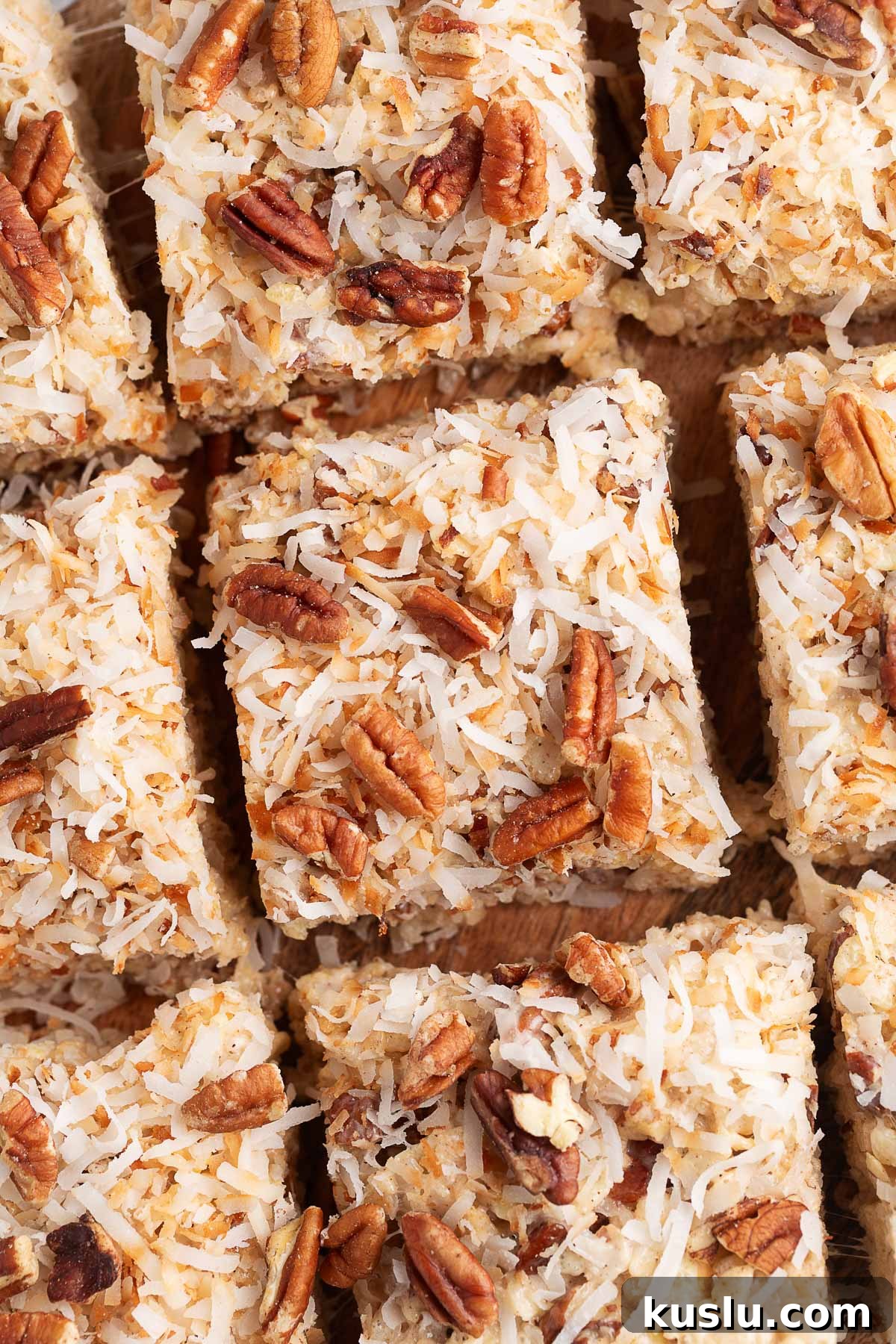 Coconut Pecan Rice Krispie Treats Recipe for Crispy Sweets 12 overhead of coconut pecan rice krispie treats cut into squares